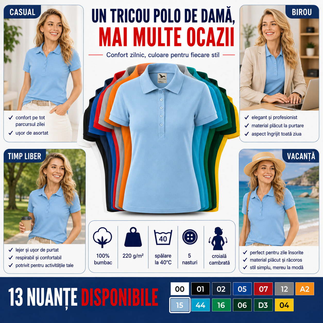 Tricou polo damă vedere față, spate, laterală și oblică, material pique, 100% bumbac